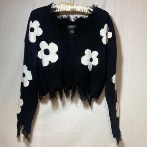 Just Polly Frayed Edge V-Neck Relaxed Sweater